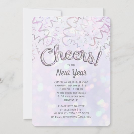 Cheers Iridescent Bokeh Silvester Einladung (Vorderseite)
