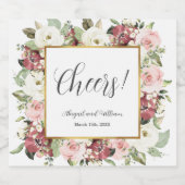 Cheers Mauve Pink Florals Gold Frame Wedding Schaumweinetikett (Einzelnes Label)