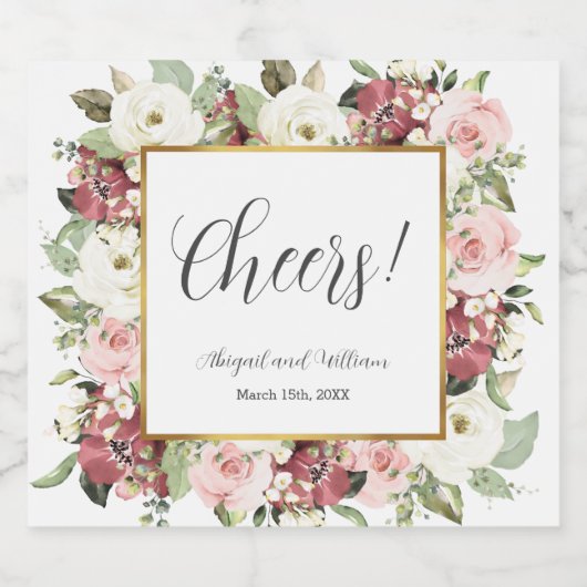Cheers Mauve Pink Florals Gold Frame Wedding Schaumweinetikett (Einzelnes Label)