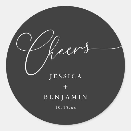 Cheers Minimal Black Script Elegant Wedding Favor Runder Aufkleber (Vorderseite)