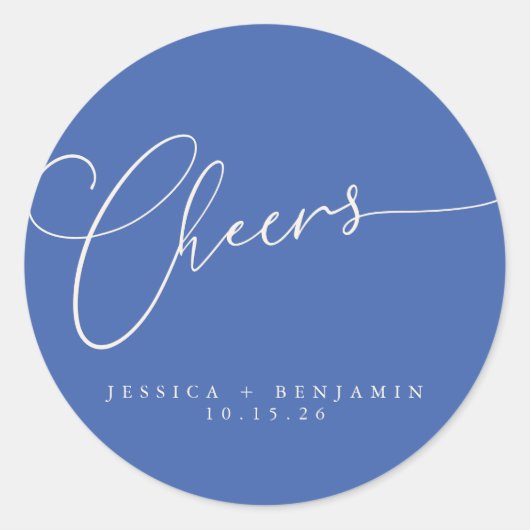 Cheers Minimal Blue Script Custom Wedding Runder Aufkleber (Vorderseite)