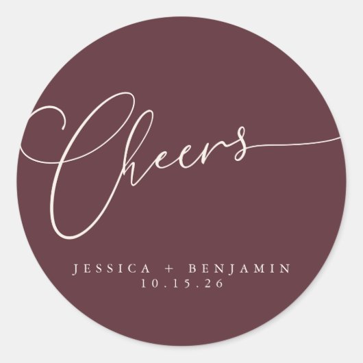 Cheers Minimal Burgundy Script Custom Wedding Runder Aufkleber (Vorderseite)