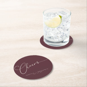 Cheers Minimal Burgundy Script Custom Wedding Runder Pappuntersetzer