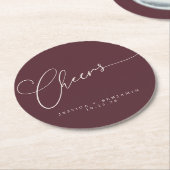 Cheers Minimal Burgundy Script Custom Wedding Runder Pappuntersetzer (Angewinkelt)