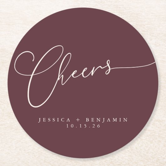 Cheers Minimal Burgundy Script Custom Wedding Runder Pappuntersetzer (Vorderseite)