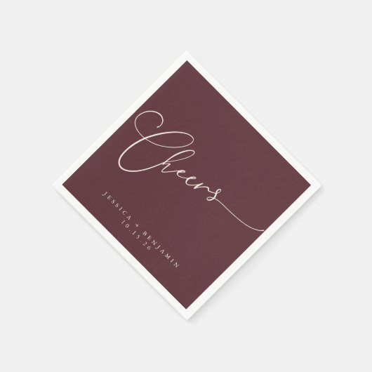 Cheers Minimal Burgundy Script Custom Wedding Serviette (Ecke)