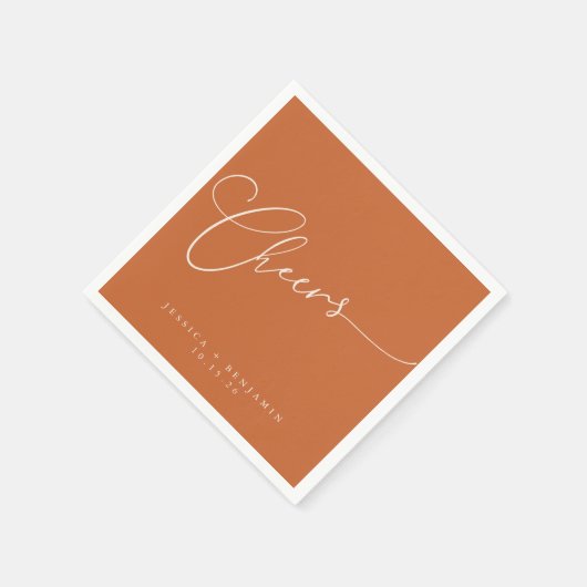 Cheers Minimal Burnt Orange Script Custom Wedding Serviette (Ecke)