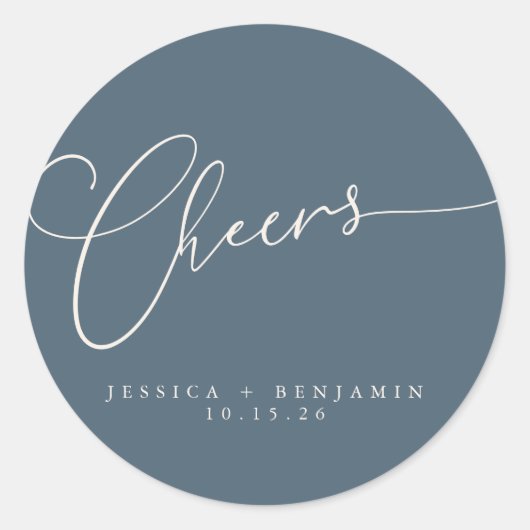 Cheers Minimal Dark Blue Script Custom Wedding Runder Aufkleber (Vorderseite)