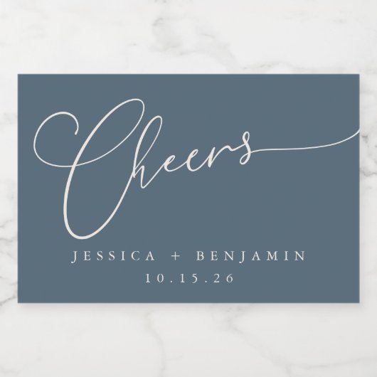 Cheers Minimal Dark Blue Script Custom Wedding Schaumweinetikett (Einzelnes Label)