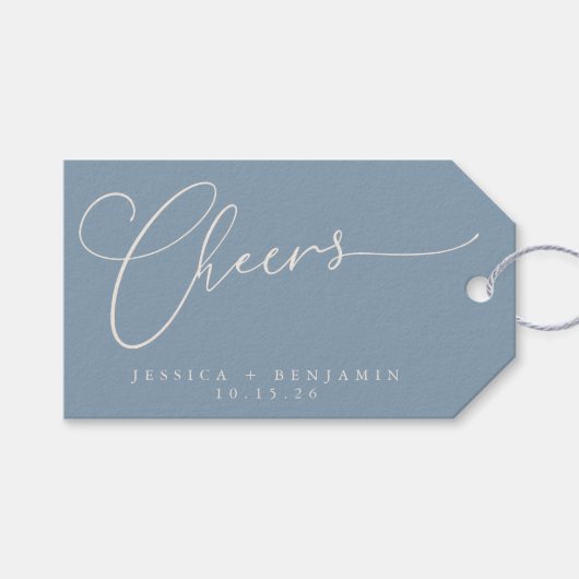 Cheers Minimal Dusty Blue Script Custom Wedding Geschenkanhänger (Vorderseite (Horizontal))