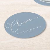 Cheers Minimal Dusty Blue Script Custom Wedding Runder Pappuntersetzer (Angewinkelt)