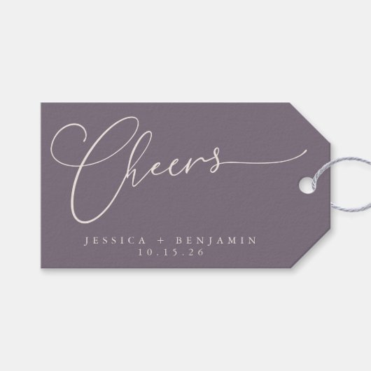 Cheers Minimal Dusty Lila Script Custom Wedding Geschenkanhänger (Vorderseite (Horizontal))