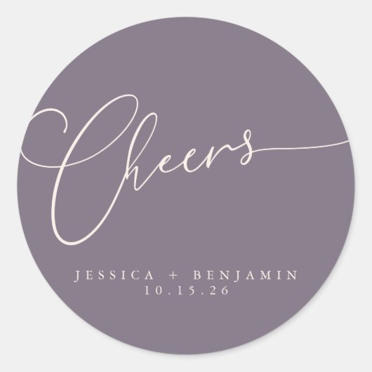 Cheers Minimal Dusty Lila Script Custom Wedding Runder Aufkleber (Vorderseite)