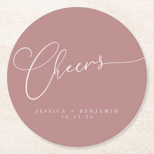 Cheers Minimal Dusty Rose Script Custom Wedding Runder Pappuntersetzer (Vorderseite)