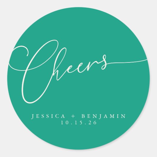 Cheers Minimal Emerald Script Custom Wedding Runder Aufkleber (Vorderseite)