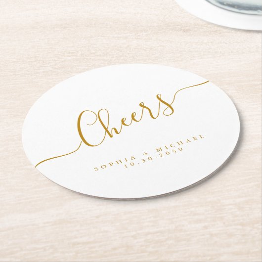 Cheers Minimal Gold Script Custom Wedding Runder Pappuntersetzer (Angewinkelt)