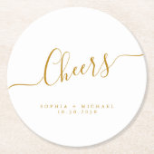 Cheers Minimal Gold Script Custom Wedding Runder Pappuntersetzer (Vorderseite)