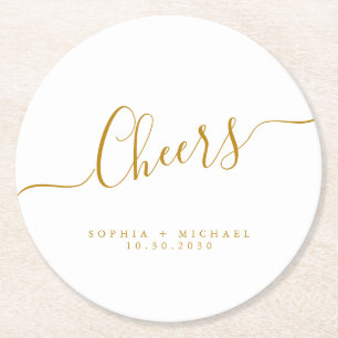 Cheers Minimal Gold Script Custom Wedding Runder Pappuntersetzer