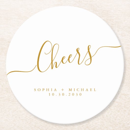 Cheers Minimal Gold Script Custom Wedding Runder Pappuntersetzer (Vorderseite)