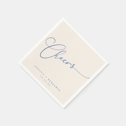 Cheers Minimal Ivory Blue Script Custom Wedding Serviette (Ecke)