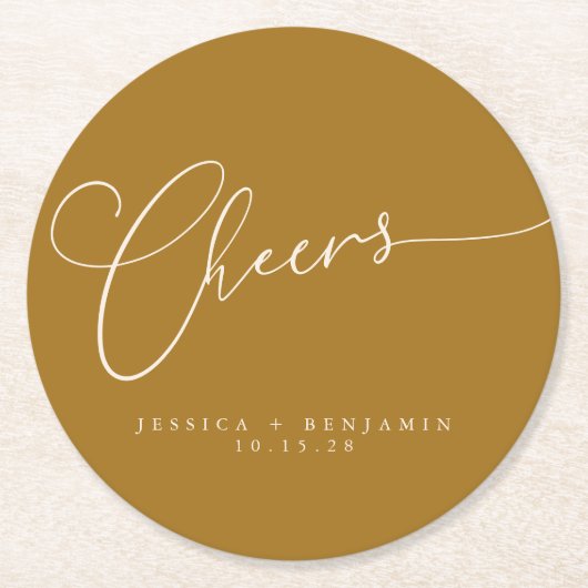 Cheers Minimal Mustard Gold Script Custom Wedding Runder Pappuntersetzer (Vorderseite)