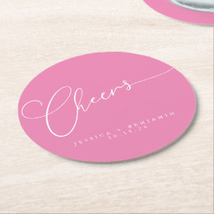 Cheers Minimal Pink White Script Custom Wedding Runder Pappuntersetzer