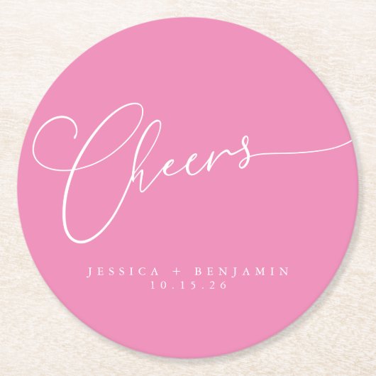 Cheers Minimal Pink White Script Custom Wedding Runder Pappuntersetzer (Vorderseite)