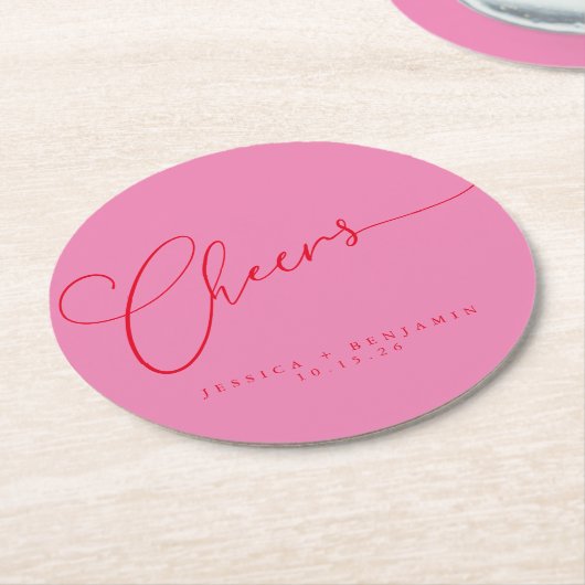 Cheers Minimal Rosa Script Custom Wedding Runder Pappuntersetzer (Angewinkelt)
