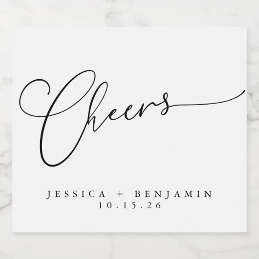 Cheers Minimal Schwarz-weiße Script Custom Wedding Alkoholflaschenetikett (Einzelnes Label)