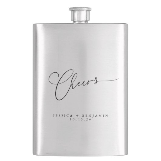 Cheers Minimal Schwarz-weiße Script Custom Wedding Flachmann (Vorderseite)