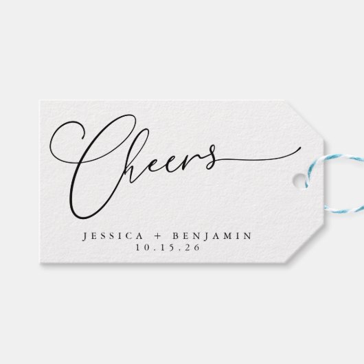 Cheers Minimal Schwarz-weiße Script Custom Wedding Geschenkanhänger (Vorderseite (Horizontal))