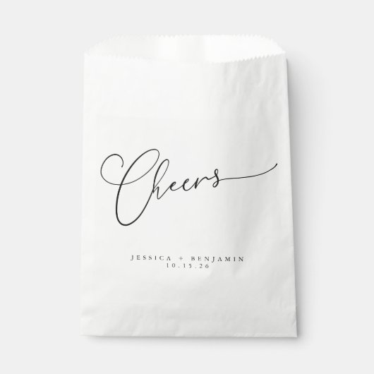 Cheers Minimal Schwarz-weiße Script Custom Wedding Geschenktütchen (Vorderseite)