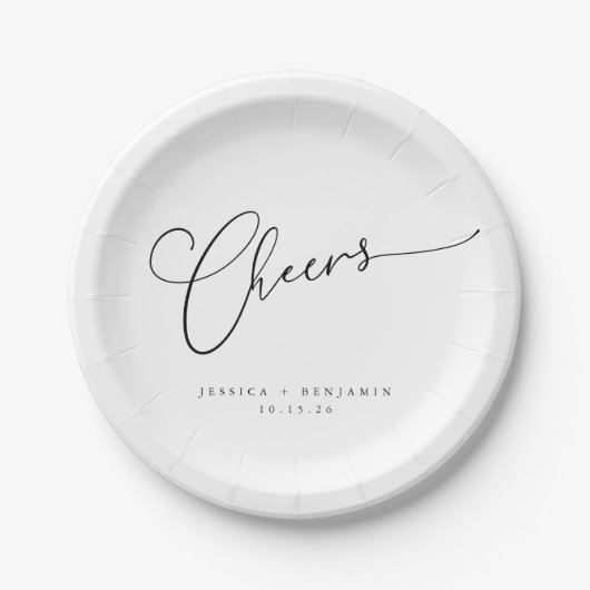 Cheers Minimal Schwarz-weiße Script Custom Wedding Pappteller (Vorderseite)