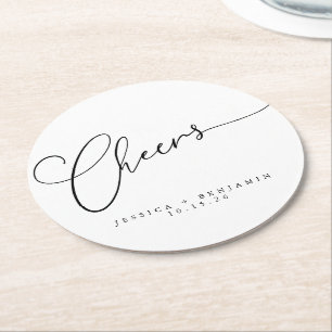Cheers Minimal Schwarz-weiße Script Custom Wedding Runder Pappuntersetzer