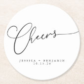 Cheers Minimal Schwarz-weiße Script Custom Wedding Runder Pappuntersetzer (Vorderseite)