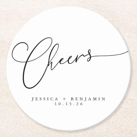 Cheers Minimal Schwarz-weiße Script Custom Wedding Runder Pappuntersetzer (Vorderseite)