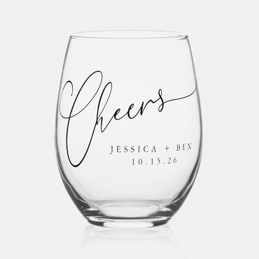Cheers Minimal Schwarz-weiße Script Custom Wedding Weinglas Ohne Stiel (Vorderseite)