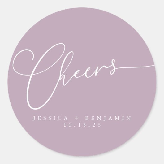 Cheers Minimalistisch Lilac Script Custom Wedding Runder Aufkleber (Vorderseite)