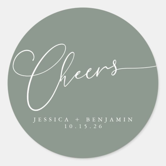 Cheers Minimalistisch Sage Script Custom Wedding Runder Aufkleber (Vorderseite)