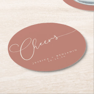 Cheers Minimalistisch Terracotta Script Custom Wed Runder Pappuntersetzer