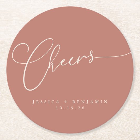 Cheers Minimalistisch Terracotta Script Custom Wed Runder Pappuntersetzer (Vorderseite)