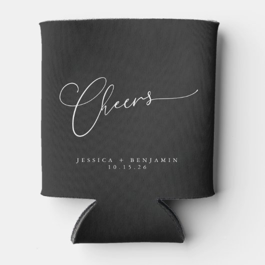 Cheers Minimalistische Black Script Custom Wedding Dosenkühler (Vorderseite)