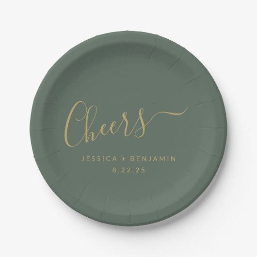 Cheers Minimalistische dunkle Sage Gold Custom Wed Pappteller (Vorderseite)
