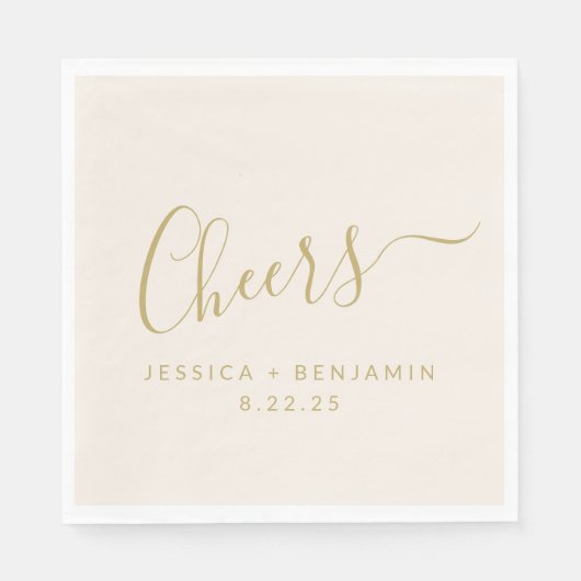 Cheers Minimalistische Ecru und Gold Custom Weddin Serviette (Vorderseite)