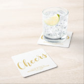 'Cheers' Modern Script Gold Hochzeit Rechteckiger Pappuntersetzer (Vor Ort)