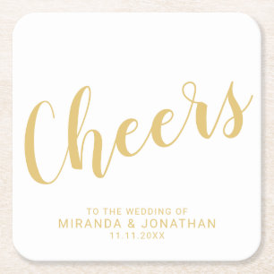 'Cheers' Modern Script Gold Hochzeit Rechteckiger Pappuntersetzer