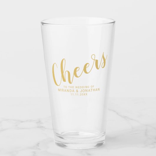 'Cheers' Moderne Script Gold Hochzeit Glas (Vorderseite)