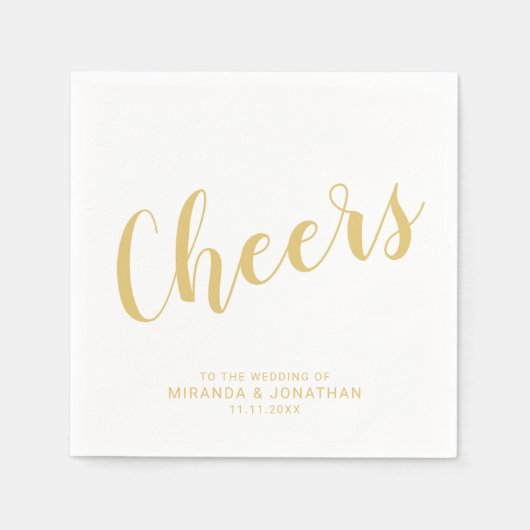 'Cheers' Moderne Script Gold Hochzeit Serviette (Vorderseite)