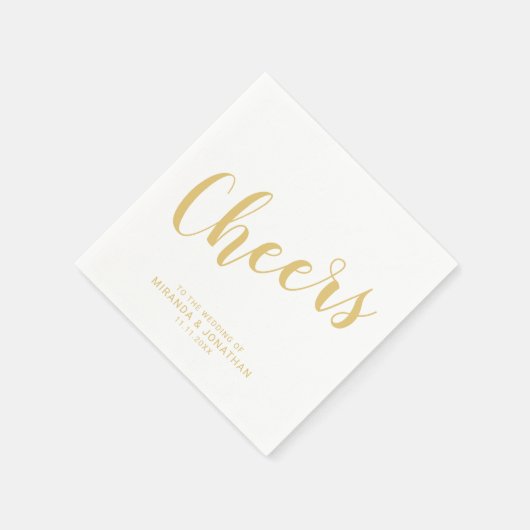 'Cheers' Moderne Script Gold Hochzeit Serviette (Ecke)