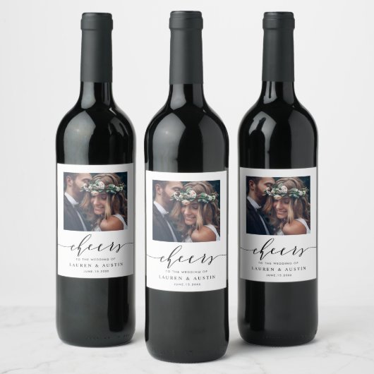 Cheers Modernes Black Script-Foto Hochzeit Weinetikett (Flaschen)